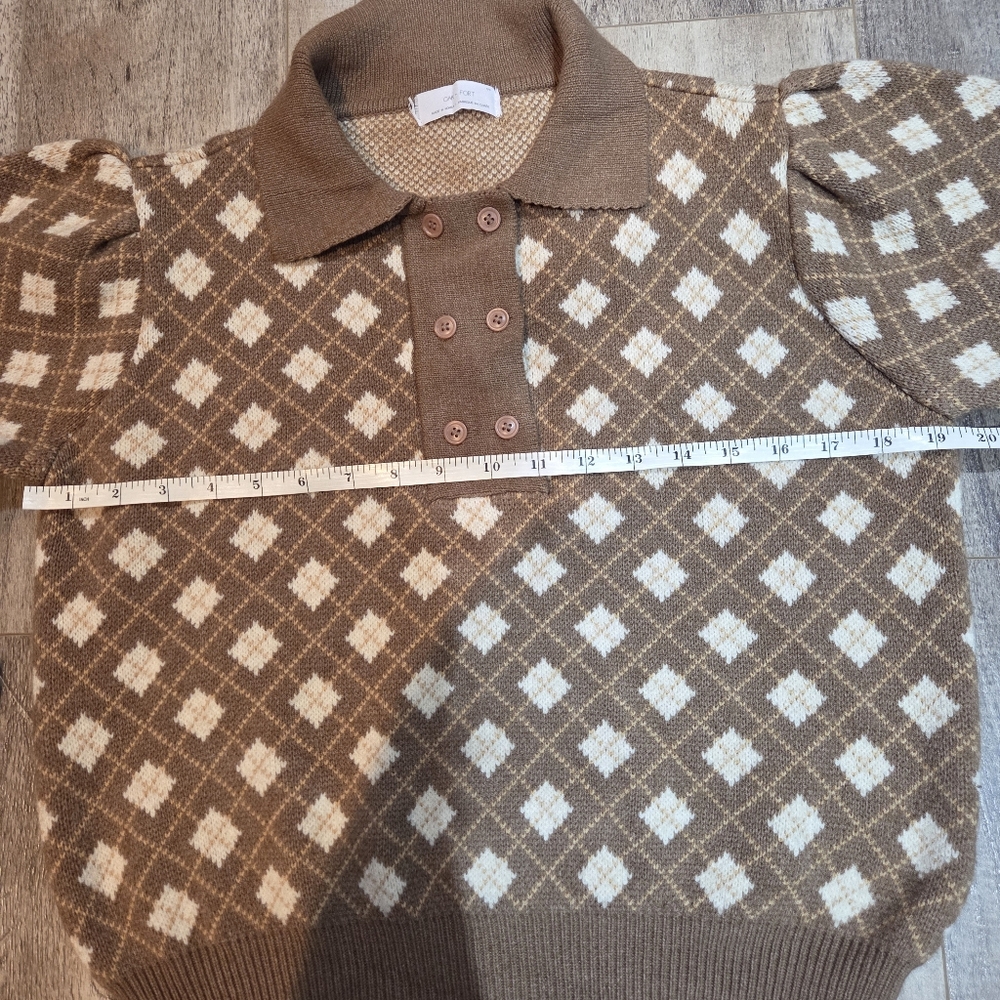 Oak & Fort Button Up Collar Knit Sweater In Brown/White SZ S - Picture 13 of 16